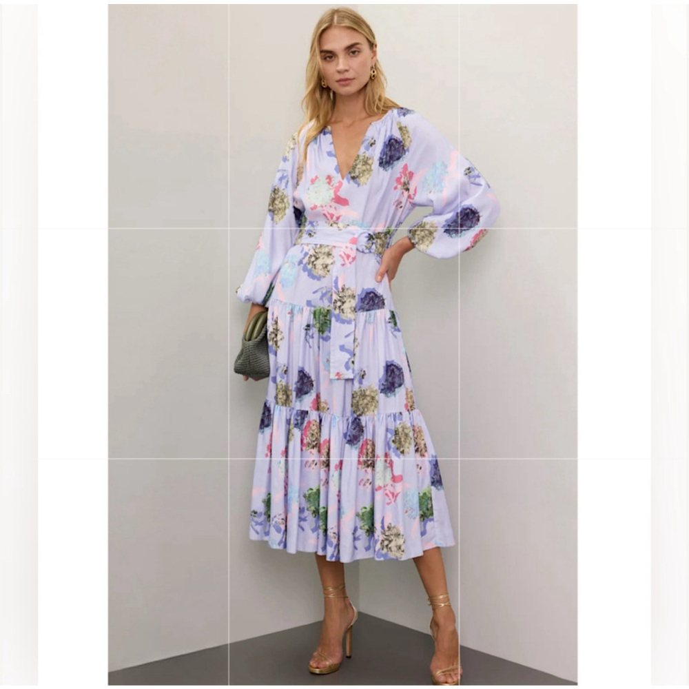 Prabal Gurung Abstract Floral Tiered Printed Midi Dress